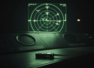 A dramatic, cinematic close-up of an air traffic control radar screen at night, casting a green glow across a darkened room. On the screen, aircraft blips are clearly visible against the sweep pattern. In the foreground, slightly out of focus, a handheld software-defined radio device sits on the console — small, civilian, innocuous-looking. The contrast between the high-stakes institutional infrastructure and the cheap consumer hardware is the visual tension. No people visible. The aesthetic is technical vulnerability — not chaos, but latent danger in a controlled environment. Muted tones of radar green, deep black, and pale amber.