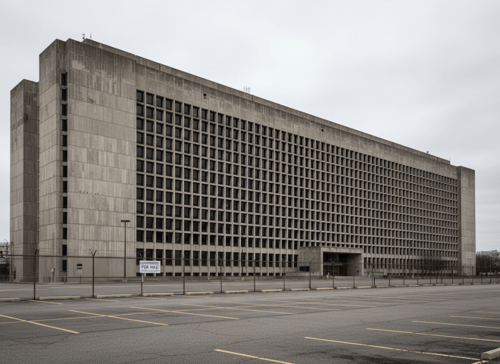 A wide, documentary-style exterior photograph of a massive brutalist federal office building on a gray overcast day — imposing concrete facade, rows of uniform windows, an enormous footprint stretching the length of a city block. A small "For Sale" or government surplus notice is barely visible on a fence near the entrance. The building looks functional but dated, institutional and immovable. The foreground has an empty parking lot and chain-link fencing. The aesthetic is bureaucratic permanence — a building that was supposed to be gone by now. Muted tones of concrete gray, pale sky, and faded government signage.