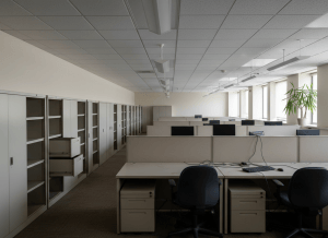 A stark, documentary-style wide shot of a mostly empty open-plan government office — rows of vacant desks, cleared of personal items, a few remaining monitors dark and unplugged, desk chairs pushed in neatly as if cleared out in a hurry. Filing cabinets line one wall, some drawers open and empty. A single surviving plant sits on a windowsill. Fluorescent overhead lighting. The aesthetic is institutional hollowing-out — not chaos, but the eerie orderliness of a workplace after a mass departure. Muted tones of beige, institutional gray, and pale office-window light.