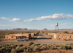 A wide, documentary-style landscape photograph of a small rural New Mexico town — a main street with a modest clinic or health center, adobe and stucco buildings, a water tower in the distance, desert scrubland and mesas on the horizon under a vast blue sky with scattered clouds. The scene is quiet and human-scale, evoking geographic isolation and community resilience. A pickup truck is parked outside the clinic. No people visible. The aesthetic is understated but meaningful — the kind of place a federal program announcement is supposed to reach. Warm tones of terracotta, sand, sage green, and sky blue.