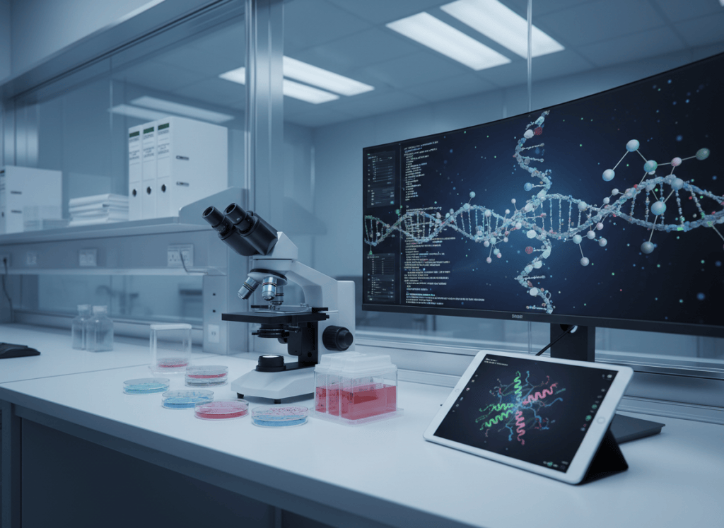 A clean, clinical laboratory setting — a researcher's workstation with a microscope, petri dishes, cell culture flasks, and a monitor displaying molecular modeling data. No animals visible. Soft laboratory lighting, sterile white surfaces, subtle blue and white tones. The aesthetic is modern biomedical science — precise, methodical, forward-looking. The mood is quiet competence, not drama. A regulatory binder or stack of federal documents sits slightly out of focus in the background, suggesting the intersection of science and bureaucracy.