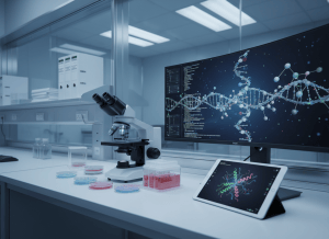 A clean, clinical laboratory setting — a researcher's workstation with a microscope, petri dishes, cell culture flasks, and a monitor displaying molecular modeling data. No animals visible. Soft laboratory lighting, sterile white surfaces, subtle blue and white tones. The aesthetic is modern biomedical science — precise, methodical, forward-looking. The mood is quiet competence, not drama. A regulatory binder or stack of federal documents sits slightly out of focus in the background, suggesting the intersection of science and bureaucracy.