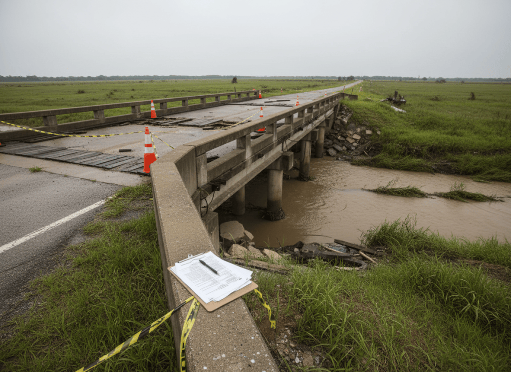 A documentary-style wide shot of a rural bridge under repair or partially damaged — simple concrete or timber construction crossing a muddy creek, orange construction cones and barrier tape visible, a clipboard with papers lying on a railing. The surrounding landscape is flat, green, slightly overgrown, suggesting a rural Southern U.S. setting after a storm. Overcast sky, soft natural light. The aesthetic is unglamorous and procedural — the kind of infrastructure project that shows up as a line item in a federal audit report. Muted tones of gray, brown, and faded orange.