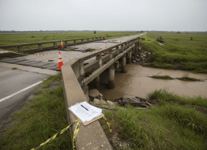 A documentary-style wide shot of a rural bridge under repair or partially damaged — simple concrete or timber construction crossing a muddy creek, orange construction cones and barrier tape visible, a clipboard with papers lying on a railing. The surrounding landscape is flat, green, slightly overgrown, suggesting a rural Southern U.S. setting after a storm. Overcast sky, soft natural light. The aesthetic is unglamorous and procedural — the kind of infrastructure project that shows up as a line item in a federal audit report. Muted tones of gray, brown, and faded orange.