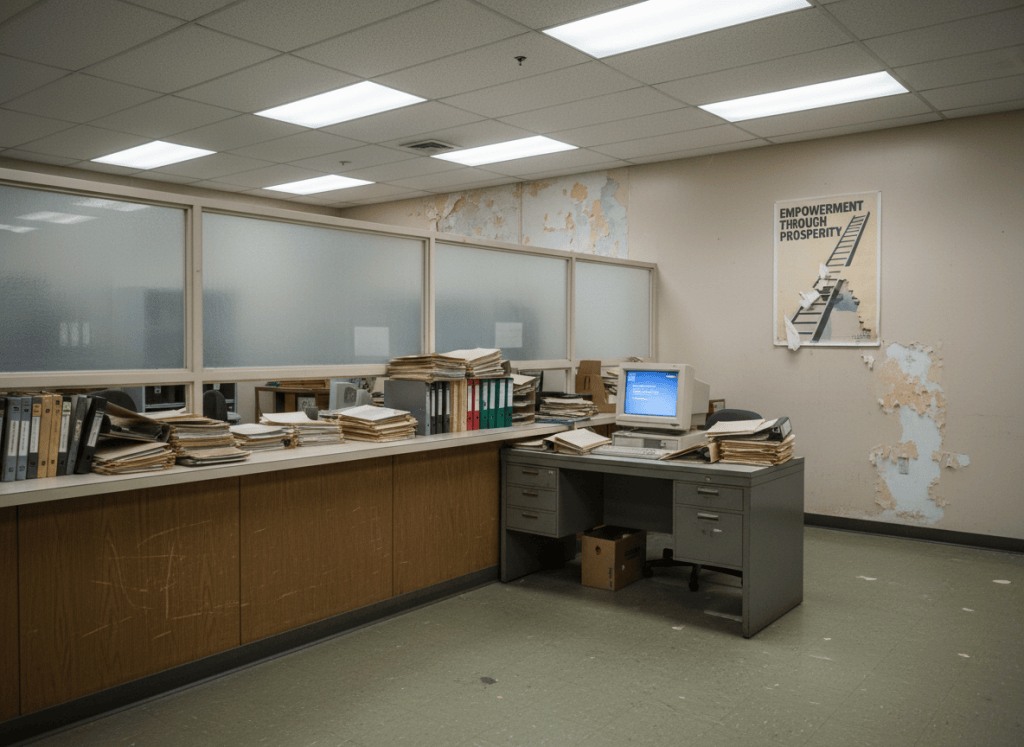 A documentary-style wide shot of a worn, utilitarian public housing office interior — a long counter with a frosted glass partition, a government-issued desk piled with manila folders, paper forms, and binders. A computer monitor with an outdated interface is visible. Fluorescent lighting, scuffed linoleum floor, a motivational poster half-peeling from the wall. The aesthetic is institutional neglect — not dramatic decay, just the quiet underfunding of an office that processes tens of thousands of cases a year. Muted tones of beige, off-white, and faded blue.
