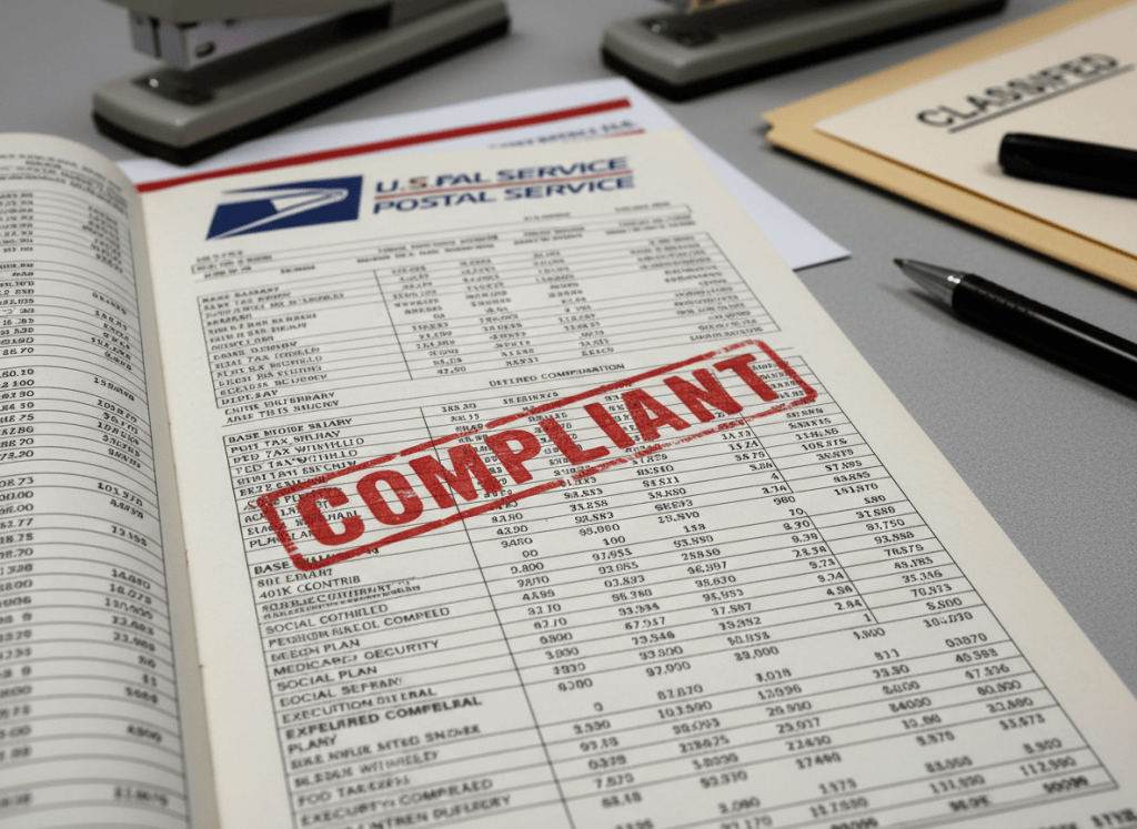 A documentary-style close-up of a government pay stub or financial ledger on a desk — columns of numbers, deferred compensation line items, a red ink stamp reading "COMPLIANT" at an angle across the top. A U.S. Postal Service envelope or logo is visible in the background, slightly out of focus. The desk is otherwise bureaucratic — a stapler, a pen, a manila folder. The aesthetic is dry, procedural, and slightly ironic — the kind of paperwork that looks clean but tells a complicated story. Muted tones of off-white, gray, and postal blue.