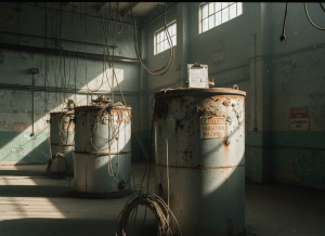 Documentary-style photograph of industrial Cold War-era nuclear facility remnants — massive corroded aluminum cylinders and copper electrical equipment in a cavernous warehouse, dust motes in shafts of light, government safety warning signs on the walls. The aesthetic is austere and archival: muted greens, grays, and rust tones. A clipboard with a government form rests on top of one of the cylinders. The mood is somewhere between a government audit and an archaeological dig.