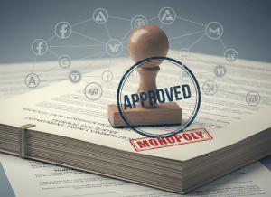 A documentary-style editorial illustration: a large government-issued rubber stamp reading "APPROVED" pressed onto a stack of formal federal merger review documents. Behind the stamp, a web of interconnected ad-tech logos and acquisition paperwork fades into the background. The aesthetic is dry and institutional — muted grays, navy blue, and bureaucratic beige, with a faint ironic quality. The stamp looks worn, as if it has been used many times. A second stamp nearby reads "MONOPOLY" in red, half-visible beneath the first.