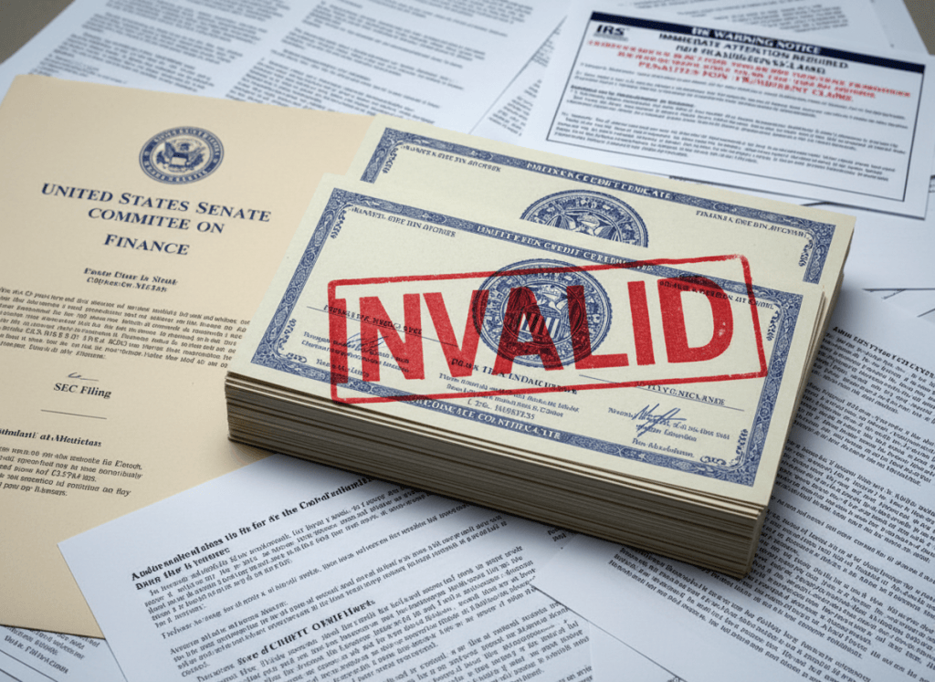 A documentary-style close-up of government financial documents — a stack of official-looking tax credit certificates stamped with a Native American tribal seal, partially obscured by a large red "INVALID" stamp. Scattered around them are SEC filing pages and a Senate Finance Committee letterhead. On top sits an IRS warning notice. The aesthetic is dry and bureaucratic — muted beige, official blue, and red ink. The mood is investigative, institutional, and slightly ominous — the kind of paperwork that looks legitimate until someone looks closely.