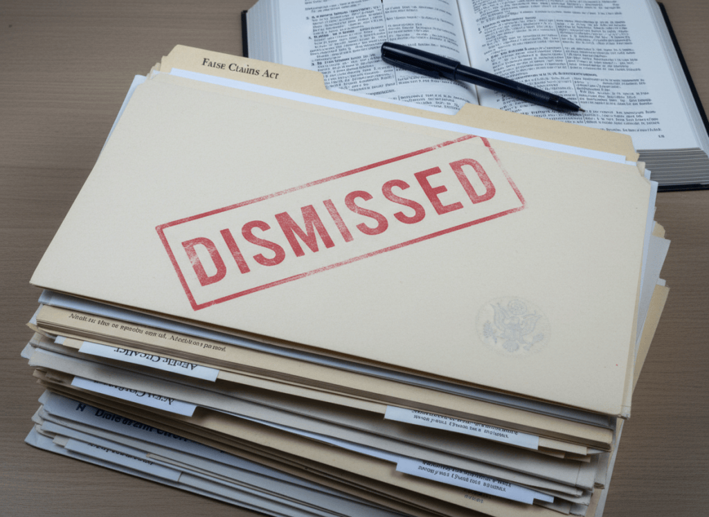 Documentary-style close-up of a stack of federal legal case files on a desk, the top folder stamped "DISMISSED" in bold red ink at a slight angle. Behind the stack, partially visible, are more folders and a dense section of the U.S. Code open to False Claims Act provisions. A pen rests across the open book. The aesthetic is austere and institutional — muted blues, grays, and off-white — with a dry ironic quality. The mood suggests paperwork used as a weapon rather than a shield.
