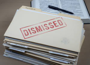 Documentary-style close-up of a stack of federal legal case files on a desk, the top folder stamped "DISMISSED" in bold red ink at a slight angle. Behind the stack, partially visible, are more folders and a dense section of the U.S. Code open to False Claims Act provisions. A pen rests across the open book. The aesthetic is austere and institutional — muted blues, grays, and off-white — with a dry ironic quality. The mood suggests paperwork used as a weapon rather than a shield.