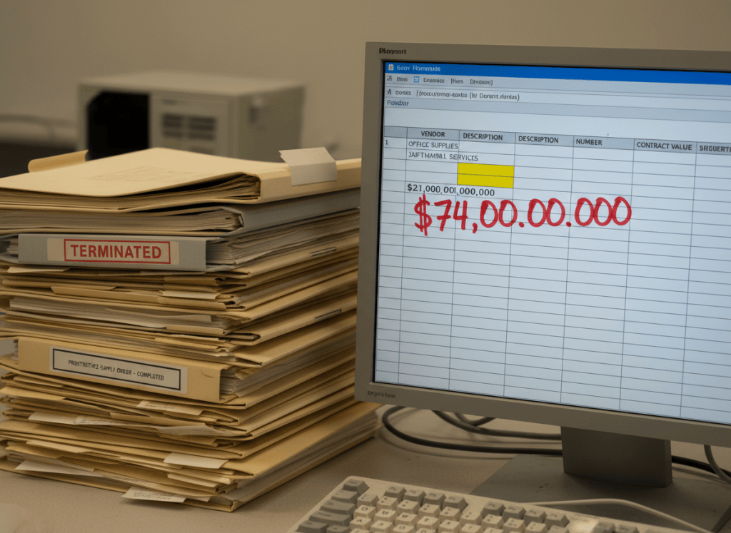 Documentary-style close-up of a government procurement spreadsheet on a monitor, showing a row with a contract value of "$21,000,000,000" highlighted in yellow, next to a handwritten correction in red marker reading "$74,000,000." Beside the monitor, a stack of manila contract folders, one labeled "TERMINATED" and another "PROSTHETICS SUPPLY ORDER - COMPLETED." The aesthetic is dry and bureaucratic — fluorescent office lighting, muted grays and government beige, with the red handwritten correction as the only vivid element. The mood is one of quiet institutional absurdity.