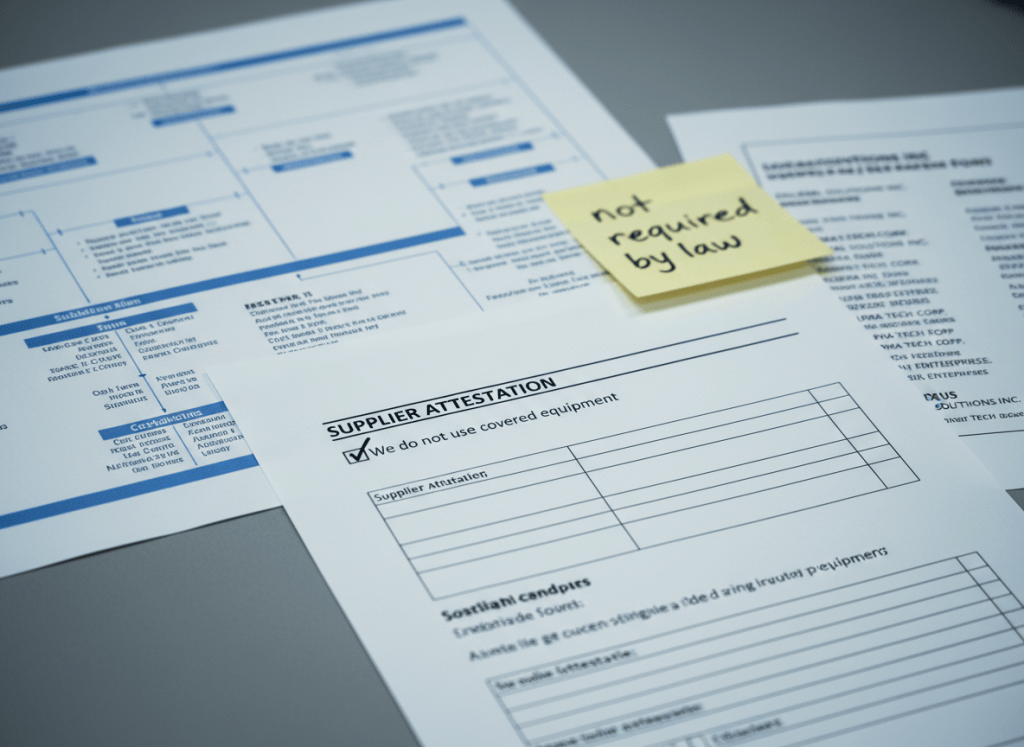 Documentary-style close-up of a government procurement compliance form on a desk. A single checkbox labeled "We do not use covered equipment" is checked in pen. Surrounding the form are blurred corporate org charts showing subsidiary structures, a partially visible list of company names, and a sticky note reading "not required by law." The aesthetic is dry and bureaucratic — cool fluorescent light, muted government gray and white, with the lone checkbox as the focal point. The mood is one of systemic trust placed in a single tick mark.