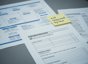 Documentary-style close-up of a government procurement compliance form on a desk. A single checkbox labeled "We do not use covered equipment" is checked in pen. Surrounding the form are blurred corporate org charts showing subsidiary structures, a partially visible list of company names, and a sticky note reading "not required by law." The aesthetic is dry and bureaucratic — cool fluorescent light, muted government gray and white, with the lone checkbox as the focal point. The mood is one of systemic trust placed in a single tick mark.