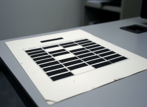 Documentary-style close-up of a government report page. The page shows a table with nearly every cell blacked out with heavy redaction marks — column headers, row labels, and all substantive entries are covered by solid black rectangles. Only the table's skeleton structure is visible. The title of the table itself is also redacted. The document sits on a plain desk under fluorescent light. The aesthetic is dry, institutional, bureaucratic — off-white paper, stark black redactions, cool light. The mood is one of conspicuous absence — the most visible thing on the page is what isn't there.