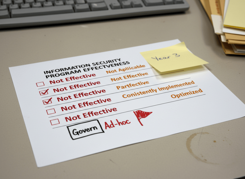 Documentary-style close-up of a government compliance report card on a desk. The document is titled "Information Security Program Effectiveness" and shows a five-level rating scale. Three rows are marked "Not Effective" in red, one row shows "Consistently Implemented" in amber, and a new row labeled "Govern" is marked "Ad-hoc" with a red flag icon. A sticky note on the corner reads "Year 3." The aesthetic is dry and bureaucratic — fluorescent office lighting, muted grays and institutional beige, with the red "Not Effective" labels as the only vivid element. The mood is one of quiet, recurring institutional underperformance.