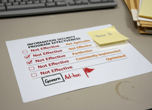 Documentary-style close-up of a government compliance report card on a desk. The document is titled "Information Security Program Effectiveness" and shows a five-level rating scale. Three rows are marked "Not Effective" in red, one row shows "Consistently Implemented" in amber, and a new row labeled "Govern" is marked "Ad-hoc" with a red flag icon. A sticky note on the corner reads "Year 3." The aesthetic is dry and bureaucratic — fluorescent office lighting, muted grays and institutional beige, with the red "Not Effective" labels as the only vivid element. The mood is one of quiet, recurring institutional underperformance.