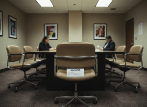 Documentary-style close-up of a government agency conference room table. Five chairs are arranged around it — three are empty, two are occupied by blurred figures. At the head of the table sits a single printed email, partially visible, with the words "effective immediately" in bold. A small placard on one empty chair reads "VACANT." The room is dim, fluorescent lighting flickering slightly, institutional carpet and government-beige walls. The mood is one of institutional paralysis — the absence of people as a deliberate act of power. Dry, bureaucratic, quiet.