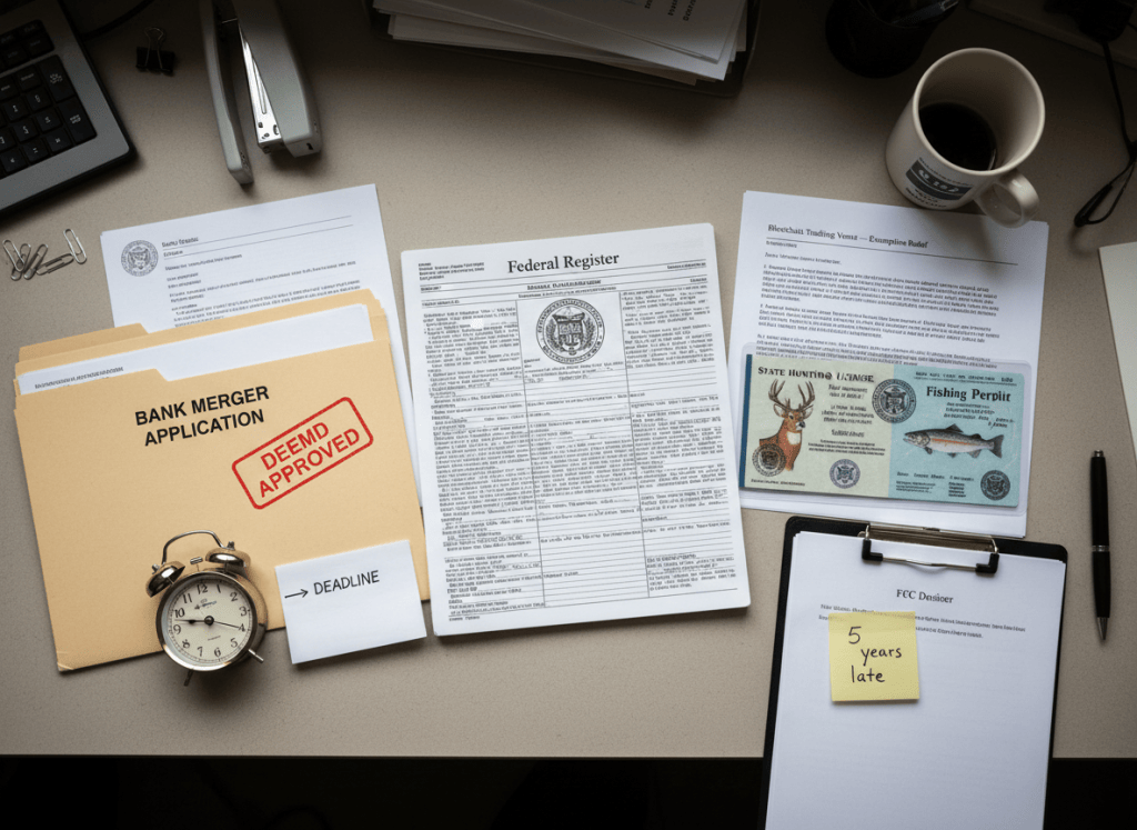 Documentary-style overhead shot of a government desk. An open copy of the Federal Register sits in the center, with several items placed around it: a bank merger application folder labeled "DEEMED APPROVED" with a clock showing a deadline, a printout labeled "Blockchain Trading Venue — Exemptive Relief," a hunting license and fishing permit side by side, and a sticky note reading "5 years late" attached to an FCC dossier. The aesthetic is dry and bureaucratic — fluorescent office lighting, muted grays and government beige, orderly clutter. The mood is one of a busy regulatory day captured in documents.