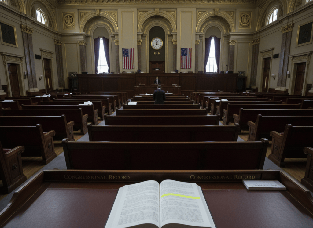 Documentary-style wide shot of an almost entirely empty House chamber. The chamber is grand — high ceilings, tiered seating, American flags — but nearly every seat is vacant. A single figure stands at the lectern at the front. A large clock on the wall reads 10:34. On the desk in the foreground sits an open Congressional Record, with a section highlighted titled "Executive Communications." The mood is one of institutional theater — an enormous room, four minutes of business, and a stack of consequential documents nobody is reading aloud. Dry, bureaucratic, slightly absurd.