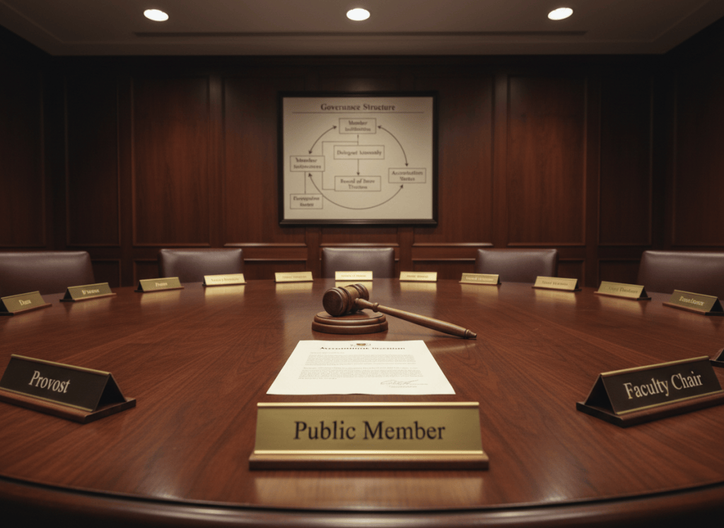 Documentary-style close-up of a large circular boardroom table. Around it sit name placards — most read titles like "Dean," "Provost," "University President," "Faculty Chair." A single placard reads "Public Member." At the center of the table sits a gavel next to a document titled "Accreditation Decision." On the wall behind the table, a framed chart shows a governance flowchart with arrows looping from "Member Institutions" to "Delegate Assembly" to "Board of Trustees" and back to "Accreditation Status." The aesthetic is dry and institutional — dark wood paneling, muted lighting, formal and slightly self-referential. The mood is one of a system governing itself.