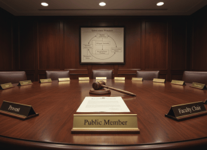 Documentary-style close-up of a large circular boardroom table. Around it sit name placards — most read titles like "Dean," "Provost," "University President," "Faculty Chair." A single placard reads "Public Member." At the center of the table sits a gavel next to a document titled "Accreditation Decision." On the wall behind the table, a framed chart shows a governance flowchart with arrows looping from "Member Institutions" to "Delegate Assembly" to "Board of Trustees" and back to "Accreditation Status." The aesthetic is dry and institutional — dark wood paneling, muted lighting, formal and slightly self-referential. The mood is one of a system governing itself.