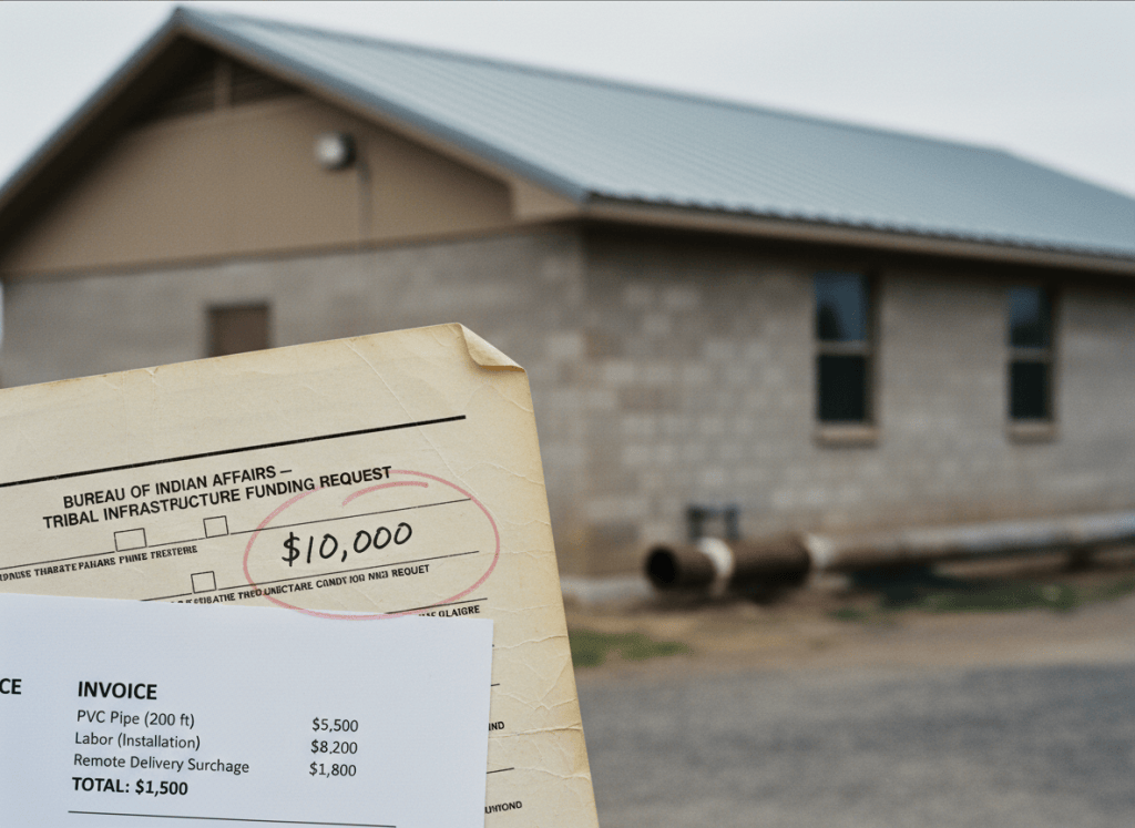 Documentary-style close-up of a faded government form from the 1980s, printed on slightly yellowed paper. A handwritten dollar amount — "$10,000" — is circled in red ink. Beside the form, a modern construction invoice is partially visible, with line items for pipe, labor, and remote delivery surcharges totaling far more. In the background, blurred, a rural tribal building — modest, functional — sits near a visible water main. The contrast between the frozen bureaucratic document and the modern construction reality is the visual tension. Muted, dry, institutional aesthetic. The mood is quiet institutional neglect, not drama.