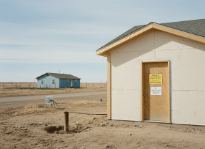Documentary-style image of a newly constructed modest home on tribal land — fresh wood framing, new siding, clearly just finished — but with no water line running to it. Where the utility hookups should be, there is only dry earth and an uncapped pipe stub in the ground. A construction permit notice is posted on the front door. Nearby, an older home on the same street has a water meter and a connected line. The contrast between new construction and missing infrastructure is the visual tension. The setting is high plains — open sky, flat land, sparse. The mood is structural neglect — not poverty, but a system that builds half a solution and walks away. Muted, institutional aesthetic.