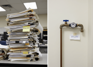 Documentary-style split image. On the left side: a stack of government paperwork — interagency agreements, billing forms, legal review memos, coordination reports — piled high on a desk, with a Post-it note that reads "$100,000." On the right side: a simple water pipe connection — copper pipe, fittings, a meter — with a handwritten note reading "$15,000." The two sides are separated by a thin vertical line. The desk is government-issue, the lighting fluorescent, the aesthetic dry and bureaucratic. The mood is absurdist efficiency failure — the paperwork is visibly larger and more elaborate than the plumbing it exists to fund. Muted institutional tones: beige, gray, off-white.