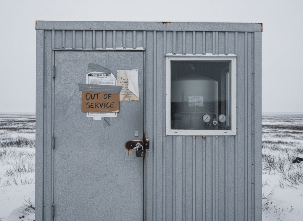 Documentary-style close-up of a rural Alaska water treatment facility — a small, utilitarian building in a remote village setting, snow-dusted tundra visible in the background. The door has a padlock on it and a handwritten sign reading "Out of Service." Beside the door, a public notice is tacked to the wall — partially legible, with the words "Boil Water Advisory" visible. A chlorination tank is visible through a small window, its gauges unmonitored. The facility looks functional but unattended. The mood is quiet public health emergency — not dramatic, but the kind of systemic neglect that accumulates until something breaks. Muted, cold, institutional aesthetic — gray, pale blue, weathered aluminum.