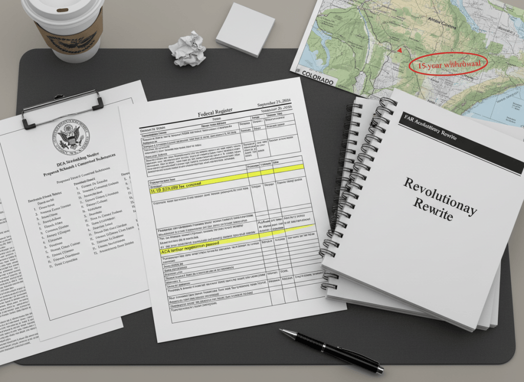 A flat-lay documentary composition on a government desk. Center: a printed Federal Register page dated September 23, 2026, with several items highlighted in yellow — one reads "H-1B $100,000 fee extended," another reads "ACA broker registration paused." To the left, a DEA scheduling notice with five chemical compound names listed. To the right, a stack of Federal Acquisition Regulation documents labeled "Revolutionary Rewrite." In the upper corner, a small Army land map of Colorado marked "Piñon Canyon — 15-year withdrawal." The overall aesthetic is dry, bureaucratic, documentary — fluorescent-lit government office, muted beige and gray tones, official seals partially visible. The mood is a dense day in the regulatory docket — nothing dramatic, everything consequential.