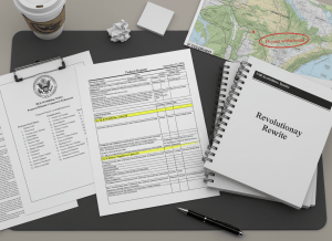 A flat-lay documentary composition on a government desk. Center: a printed Federal Register page dated September 23, 2026, with several items highlighted in yellow — one reads "H-1B $100,000 fee extended," another reads "ACA broker registration paused." To the left, a DEA scheduling notice with five chemical compound names listed. To the right, a stack of Federal Acquisition Regulation documents labeled "Revolutionary Rewrite." In the upper corner, a small Army land map of Colorado marked "Piñon Canyon — 15-year withdrawal." The overall aesthetic is dry, bureaucratic, documentary — fluorescent-lit government office, muted beige and gray tones, official seals partially visible. The mood is a dense day in the regulatory docket — nothing dramatic, everything consequential.