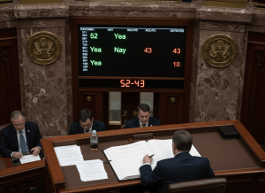 Documentary-style close-up of a Senate chamber vote tally board — green "Yea" lights outnumber red "Nay" lights, with a count visible reading 52-43. On the dais below, a clerk records the result in a large bound ledger. To one side, a printed nomination slip reads "Angela Veronica Colmenero — Southern District of Texas." In the background, Senate galleries are sparsely populated — a few staffers, almost no visitors. A separate document on the clerk's desk is partially visible, labeled "Homeland Security Committee — Business Meeting Notice," with the word "Immunity" just legible. The mood is procedural inevitability — the machinery of confirmation moving forward with minimal ceremony. Muted, formal, institutional aesthetic — mahogany, marble, official seals.