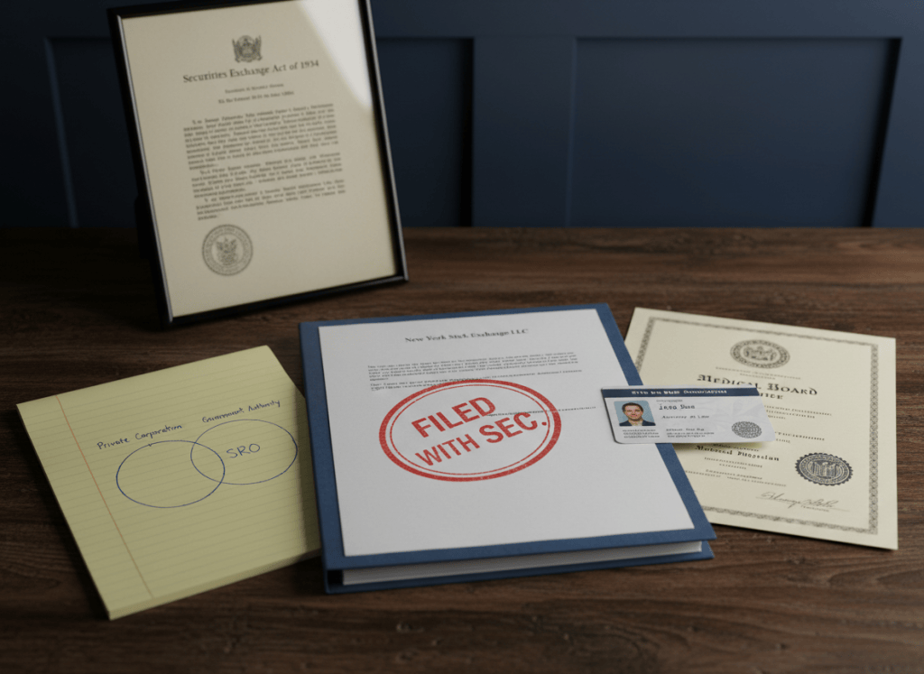 Documentary-style flat-lay on a government desk. Center: a formal-looking regulatory filing stamped "FILED WITH THE SEC" — but the letterhead reads "New York Stock Exchange LLC." Beside it, a state bar association membership card and a medical board license certificate, both bearing official seals. A legal pad has a handwritten Venn diagram: one circle labeled "Private Corporation," the other "Government Authority," the overlapping center labeled "SRO." In the background, a framed copy of the Securities Exchange Act of 1934 hangs on the wall, slightly crooked. The mood is institutional ambiguity — the trappings of government authority worn by private entities. Muted, formal aesthetic — navy, cream, dark wood, official seals.