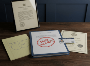 Documentary-style flat-lay on a government desk. Center: a formal-looking regulatory filing stamped "FILED WITH THE SEC" — but the letterhead reads "New York Stock Exchange LLC." Beside it, a state bar association membership card and a medical board license certificate, both bearing official seals. A legal pad has a handwritten Venn diagram: one circle labeled "Private Corporation," the other "Government Authority," the overlapping center labeled "SRO." In the background, a framed copy of the Securities Exchange Act of 1934 hangs on the wall, slightly crooked. The mood is institutional ambiguity — the trappings of government authority worn by private entities. Muted, formal aesthetic — navy, cream, dark wood, official seals.