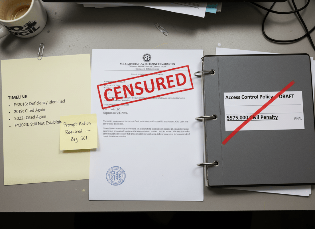 Documentary-style flat-lay on a regulatory enforcement desk. Center: an SEC administrative order stamped "CENSURED" in red, dated September 22, 2026, with the name "OTC Link LLC" visible. To the left, a timeline printed on plain paper — four rows, each reading a year: "FY2016: Deficiency Identified," "2019: Cited Again," "2022: Cited Again," "FY2023: Still Not Established." A sticky note reads "Prompt Action Required — Reg SCI." To the right, a compliance binder labeled "Access Control Policy — DRAFT" with a red pen mark through "DRAFT" that is never replaced with "FINAL." A second document partially visible reads "$575,000 Civil Penalty." The mood is bureaucratic accountability arriving very late — not dramatic, but damning by its own dates. Muted institutional aesthetic — gray, cream, SEC seal blue, fluorescent-lit.
