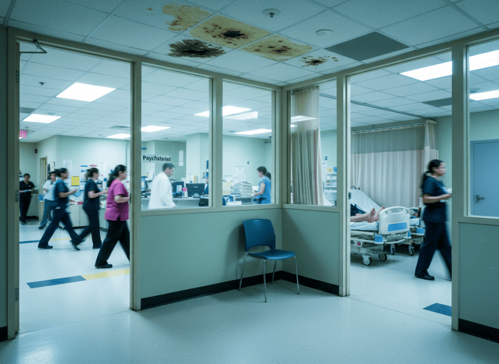 Documentary-style view of a hospital emergency department bay — a glass-walled room, clearly visible from multiple angles inside the department, with a small label on the door reading "Psychiatrist." Through the glass, a single chair is visible, positioned facing outward. The corridor outside is busy — staff moving past, a nursing station visible across the hall. Florescent lighting, linoleum floors, institutional walls. A curtained bay nearby has two stretchers sharing one space, separated only by a thin curtain partially pulled. Ceiling tiles above show water stains. The overall mood is institutional neglect that accumulated slowly — not crisis, but quiet, persistent failure. Cold, clinical aesthetic — pale green, off-white, fluorescent blue-white light.