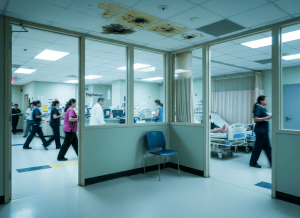 Documentary-style view of a hospital emergency department bay — a glass-walled room, clearly visible from multiple angles inside the department, with a small label on the door reading "Psychiatrist." Through the glass, a single chair is visible, positioned facing outward. The corridor outside is busy — staff moving past, a nursing station visible across the hall. Florescent lighting, linoleum floors, institutional walls. A curtained bay nearby has two stretchers sharing one space, separated only by a thin curtain partially pulled. Ceiling tiles above show water stains. The overall mood is institutional neglect that accumulated slowly — not crisis, but quiet, persistent failure. Cold, clinical aesthetic — pale green, off-white, fluorescent blue-white light.