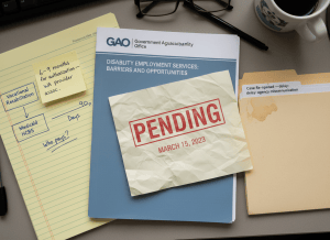 Documentary-style flat-lay on a government desk. Center: a GAO report cover partially visible, with the title referencing disability employment services. Overlapping it, a printed funding authorization form stamped "PENDING" in red, dated months ago. To the left, a simple flowchart drawn on a legal pad — two boxes labeled "Vocational Rehabilitation" and "Medicaid HCBS" connected by an arrow labeled "90 Days," with a handwritten note in the gap reading "Who pays?" A sticky note reads "6–9 months for authorization — WA provider assoc." To the right, a manila folder labeled "Case Re-opened — delay: agency miscommunication." The mood is bureaucratic good intentions failing at the handoff — not malice, just machinery. Muted, institutional aesthetic — beige, gray, government document blue.