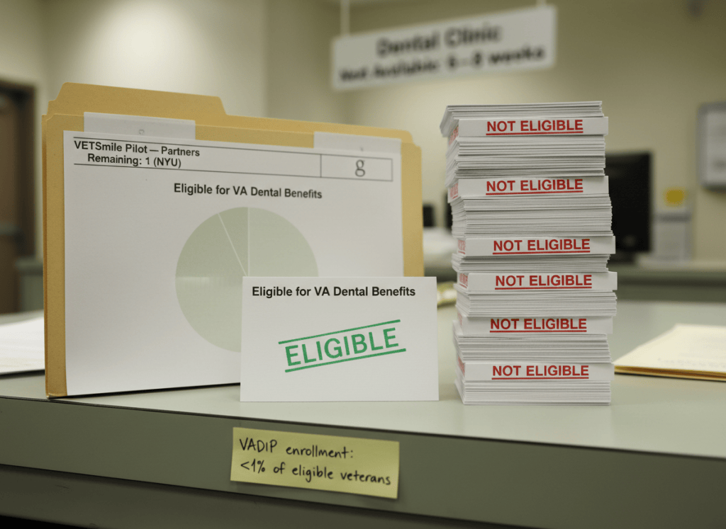 Documentary-style flat-lay on a government desk. Center: a VA dental appointment card stamped "ELIGIBLE" in green ink, next to a pile of identical cards stamped "NOT ELIGIBLE" in red — the not-eligible pile is visibly larger, roughly three times as tall. A printed pie chart shows 25% shaded, labeled "Eligible for VA Dental Benefits." A manila folder is labeled "VETSmile Pilot — Partners Remaining: 1 (NYU)." In the background, a waiting room sign reads "Dental Clinic — Next Available: 6–8 weeks." A sticky note reads "VADIP enrollment: