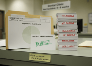 Documentary-style flat-lay on a government desk. Center: a VA dental appointment card stamped "ELIGIBLE" in green ink, next to a pile of identical cards stamped "NOT ELIGIBLE" in red — the not-eligible pile is visibly larger, roughly three times as tall. A printed pie chart shows 25% shaded, labeled "Eligible for VA Dental Benefits." A manila folder is labeled "VETSmile Pilot — Partners Remaining: 1 (NYU)." In the background, a waiting room sign reads "Dental Clinic — Next Available: 6–8 weeks." A sticky note reads "VADIP enrollment: