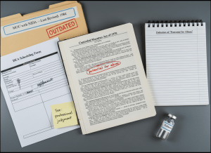 Documentary-style flat-lay on a federal regulatory desk. Center: an open copy of the Controlled Substances Act of 1970, with the phrase "potential for abuse" circled in red pen. Beside it, a blank lined notepad with the heading "Definition of 'Potential for Abuse'" — the page below is completely empty. A DEA scheduling form sits to the left, partially completed. A sticky note reads "See: professional judgment." In the upper corner, a manila folder labeled "MOU with NIDA — Last Revised: 1984" with a red "OUTDATED" stamp. A small vial labeled "Xylazine" sits near the edge, unsigned by any schedule designation. The mood is a legal framework operating without a foundation — not corrupt, just unwritten. Muted institutional aesthetic — off-white, government gray, legal blue, fluorescent light.