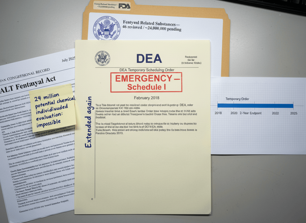 Documentary-style flat-lay on a federal regulatory desk. Center: a DEA temporary scheduling order stamped "EMERGENCY — Schedule I" dated February 2018, with a handwritten note in the margin reading "Extended again." Next to it, a printed timeline on graph paper showing a horizontal bar labeled "Temporary Order" stretching from 2018 to 2025 — seven years — with tick marks at the original two-year endpoint. To the left, a Congressional record page showing the HALT Fentanyl Act, dated July 2025. A sticky note reads "24 million potential chemicals — individualized evaluation: impossible." In the background, an FDA evaluation folder labeled "Fentanyl Related Substances — 46 reviewed / ~24,000,000 pending." The mood is bureaucratic inadequacy confronted by chemistry it cannot pace — not dramatic, procedurally damning. Muted institutional aesthetic — gray, cream, DEA seal blue, fluorescent light.