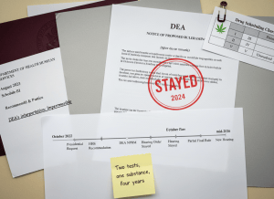Documentary-style flat-lay on a federal regulatory desk. Center: a DEA "Notice of Proposed Rulemaking" stamped with a red "STAYED" mark, dated 2024. To the left, an HHS recommendation letter recommending "Schedule III," dated August 2023. Next to it, a Department of Justice Office of Legal Counsel opinion memo with "DEA's interpretation: Impermissible" underlined. A printed timeline on legal paper shows a horizontal arrow from October 2022 to mid-2026, with labeled milestones: "Presidential Request," "HHS Recommendation," "DEA NPRM," "Hearing Stayed," "Executive Order," "Partial Final Rule," "New Hearing." A sticky note reads: "Two tests, one substance, four years." In the corner, a small green leaf icon clipped to a scheduling chart, unresolved. Muted institutional palette — cream, gray, DOJ seal burgundy, fluorescent light.