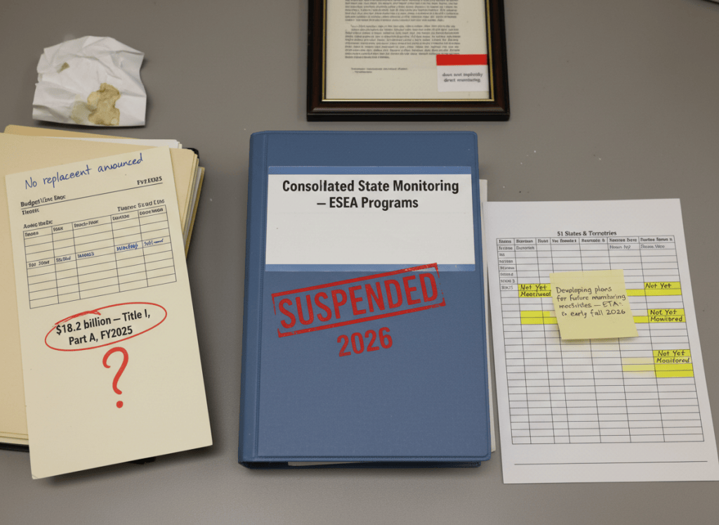 Documentary-style flat-lay on a federal education bureaucrat's desk. Center: a thick binder labeled "Consolidated State Monitoring — ESEA Programs" with a large red "SUSPENDED" stamp across the cover, dated 2026. Beside it, a printed spreadsheet showing a list of 51 states, with 32 highlighted in yellow marked "Not Yet Monitored." A sticky note reads: "Developing plans for future monitoring activities — ETA: early fall 2026." To the left, a budget line sheet showing "$18.2 billion — Title I, Part A, FY2025" circled in red with a question mark next to it. In the background, a framed copy of the Elementary and Secondary Education Act text, with one passage flagged: "does not explicitly direct monitoring." A coffee-stained memo sits nearby: "No replacement announced." The overall mood is institutional abandonment — not malicious, just vacant. Muted government palette — cream, institutional gray, federal blue, red flag tabs, fluorescent light.