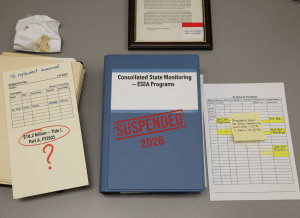 Documentary-style flat-lay on a federal education bureaucrat's desk. Center: a thick binder labeled "Consolidated State Monitoring — ESEA Programs" with a large red "SUSPENDED" stamp across the cover, dated 2026. Beside it, a printed spreadsheet showing a list of 51 states, with 32 highlighted in yellow marked "Not Yet Monitored." A sticky note reads: "Developing plans for future monitoring activities — ETA: early fall 2026." To the left, a budget line sheet showing "$18.2 billion — Title I, Part A, FY2025" circled in red with a question mark next to it. In the background, a framed copy of the Elementary and Secondary Education Act text, with one passage flagged: "does not explicitly direct monitoring." A coffee-stained memo sits nearby: "No replacement announced." The overall mood is institutional abandonment — not malicious, just vacant. Muted government palette — cream, institutional gray, federal blue, red flag tabs, fluorescent light.