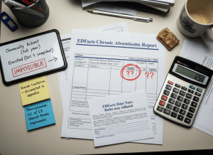 Documentary-style flat-lay on a federal education statistician's desk. Center: a printed spreadsheet labeled "EDFacts Chronic Absenteeism Report" with one row clearly highlighted in red showing "Chronic Absenteeism Rate: 125%" with a hand-circled note reading "??". To the left, a whiteboard diagram showing the flawed formula — "Chronically Absent (full year) / Enrolled (Oct. 1 snapshot)" — with an arrow pointing to a box labeled "IMPOSSIBLE." A sticky note reads: "Known limitation — documented in appendix." A second sticky note reads: "Pennsylvania: 62 of 63 shared-time schools implausible." A coffee-stained guidance memo sits nearby labeled "EDFacts Data Note: Rates may be inflated." A calculator shows "125%" on its display. The mood is bureaucratic dysfunction dressed up as official data. Muted institutional palette — cream, federal blue, red flags, gray, fluorescent light.
