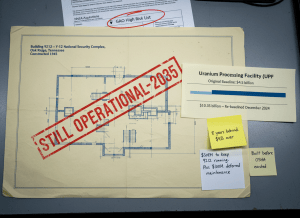 Documentary-style flat-lay on a nuclear security administrator's desk. Center: a faded architectural blueprint labeled "Building 9212 — Y-12 National Security Complex, Oak Ridge, Tennessee — Constructed 1945." Stamped across it in red: "STILL OPERATIONAL — 2035." To the right, a project status sheet for the Uranium Processing Facility showing a cost timeline: original baseline, then a second bar nearly double labeled "$10.35 billion — Re-baselined December 2024." A sticky note reads: "8 years behind. $4B over." Below it, a handwritten cost estimate: "$308M to keep 9212 running. Plus $100M deferred maintenance." A smaller note: "Built before OSHA existed." In the background, a GAO High Risk List printout with "NNSA Acquisitions" circled in red. The mood is a very old building holding up a very expensive delay. Muted palette — aged blueprint blue, government cream, warning red, concrete gray, fluorescent light.