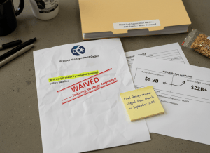Documentary-style flat-lay on a nuclear construction project manager's desk. Center: a DOE project management order document, with the passage "90% design maturity required before baseline" highlighted in yellow — and a red stamp over it reading "WAIVED — Tailoring Strategy Approved." Next to it, a cost estimate sheet showing two figures side by side: "$6.9B–$11.1B — Preliminary Estimate" and "$22B+ — FY2026 Budget Justification," with an upward arrow between them. A performance evaluation sheet visible nearby shows the rating "Less Than Adequate — FY2024." A sticky note reads: "Final design review: slipped from March 2026 to September 2026." In the background, a folder labeled "MOX Fuel Fabrication Facility — $8B Spent — Never Operated." The mood is institutional ambition meeting institutional failure, again. Muted government palette — cream, DOE blue, warning yellow, concrete gray, red stamps.