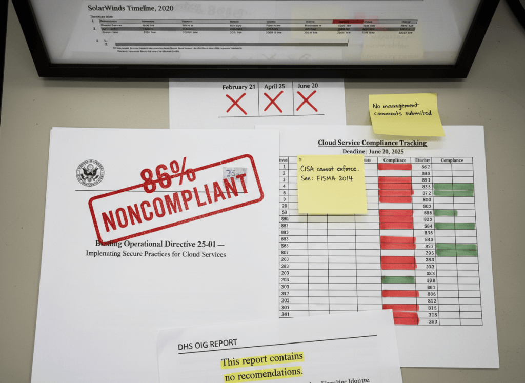 Documentary-style flat-lay on a federal cybersecurity desk. Center: a printed copy of "Binding Operational Directive 25-01 — Implementing Secure Practices for Cloud Services" with a large red rubber stamp across the top reading "86% NONCOMPLIANT." To the right, a compliance tracking spreadsheet showing 102 agency rows — 88 highlighted red, 14 green, with a header reading "Deadline: June 20, 2025." A sticky note reads: "CISA cannot enforce. See: FISMA 2014." Another sticky note: "No management comments submitted." In the background, a framed printout of the SolarWinds breach timeline, 2020. A separate sheet shows three missed deadline dates in sequence: February 21 → April 25 → June 20, each with a red X. At the bottom, a highlighted sentence in a DHS OIG report: "This report contains no recommendations." The mood is institutional futility — the tools exist, the authority does not. Muted palette — federal blue, warning red, government cream, gray, fluorescent light.